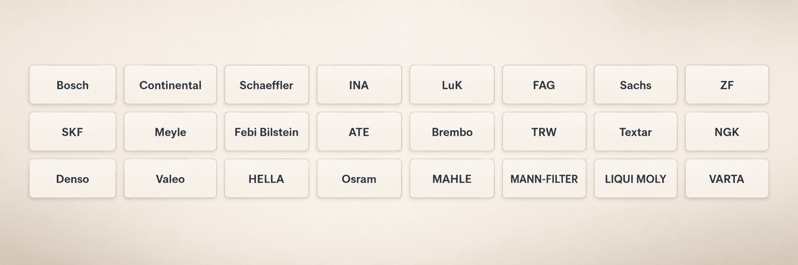 Verwendete Markenware: Bosch, Continental, Schaeffler, INA, LuK, FAG, Sachs, ZF, SKF, Meyle, Febi Bilstein, ATE, Brembo, TRW, Textar, NGK, Denso, Valeo, HELLA, Osram, MAHLE, MANN-FILTER, LIQUI MOLY, VARTA