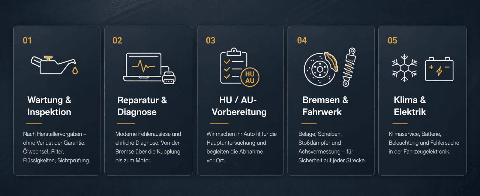 Unsere Leistungen: Wartung & Inspektion, Reparatur & Diagnose, HU/AU-Vorbereitung, Bremsen & Fahrwerk, Klima & Elektrik